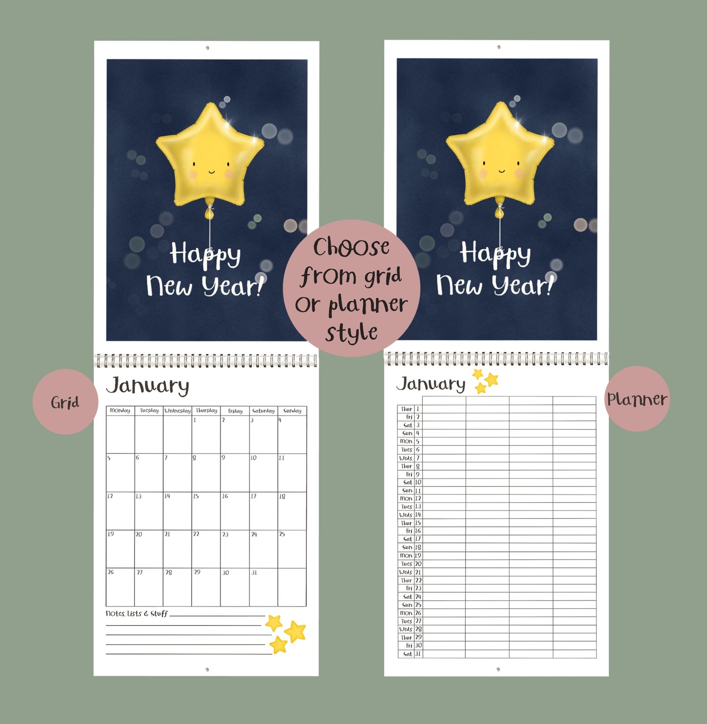 Two New Year's Eve calendar designs with star balloons on a dark blue background. Grid and Family Planner options