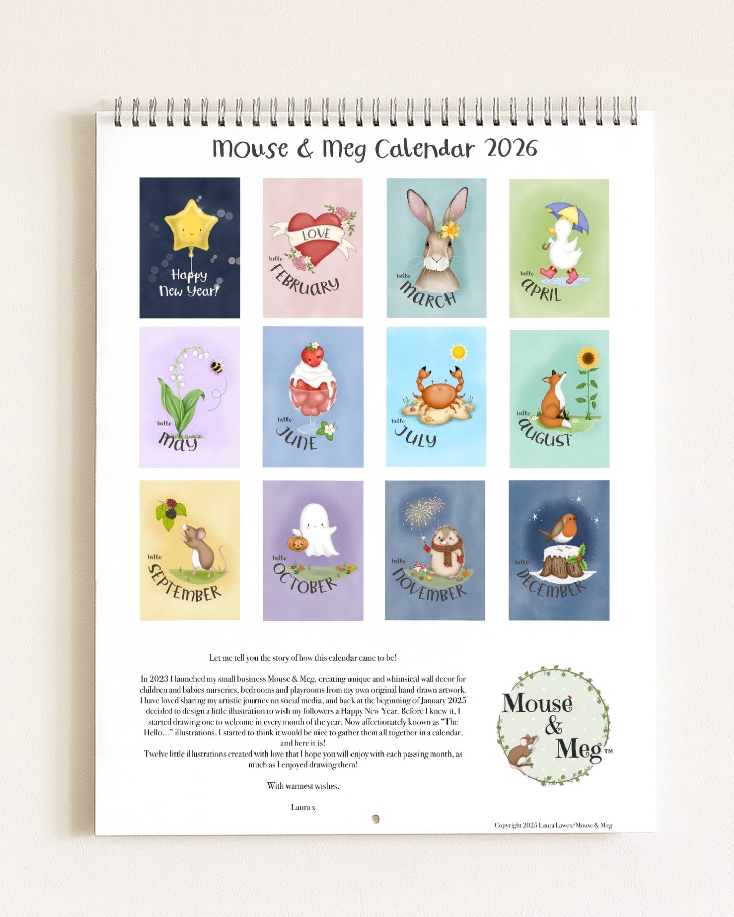 Mouse & Meg calendar for 2026 with illustrations of animals and nature for each month.