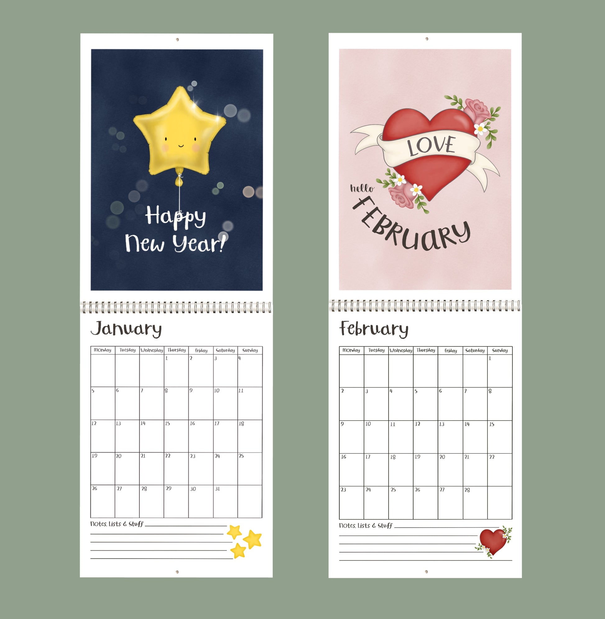 Two 2026 calendar pages for January and February on a green background