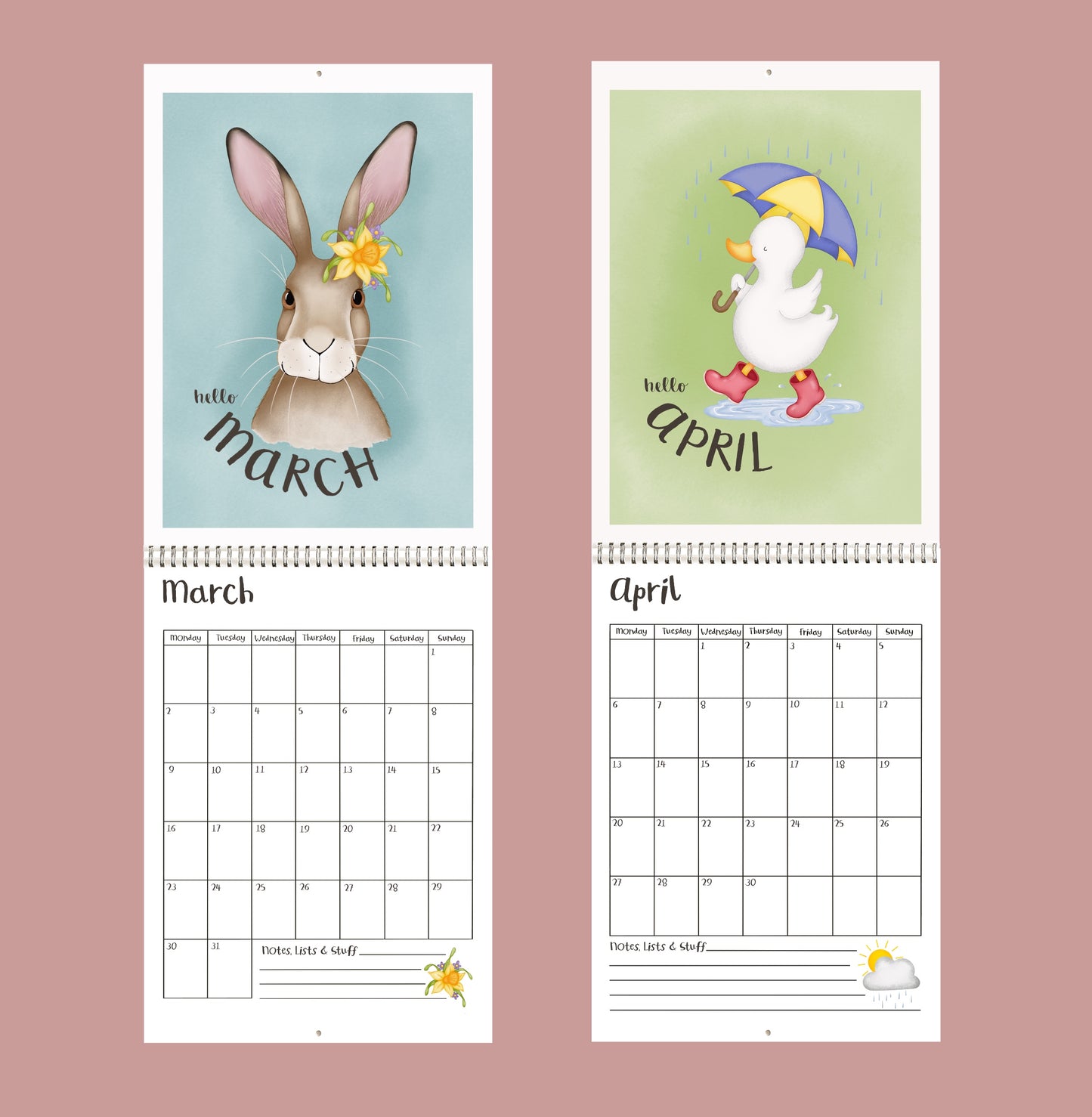 Two 2026 calendar pages for March and April with a rabbit and duck illustration on a pink background.