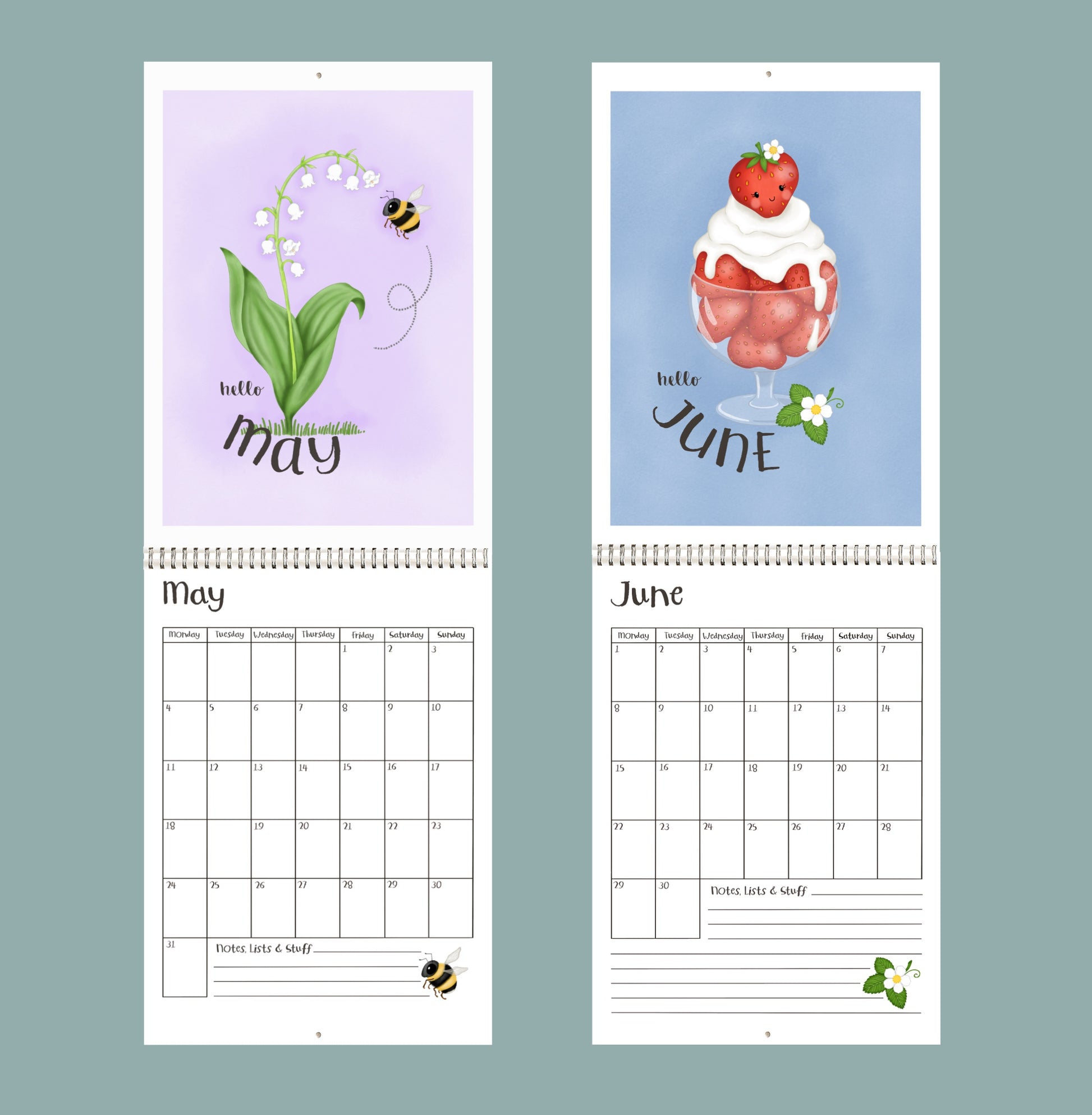 Two 2026 calendar pages for May and June with illustrations and text on a light blue background.