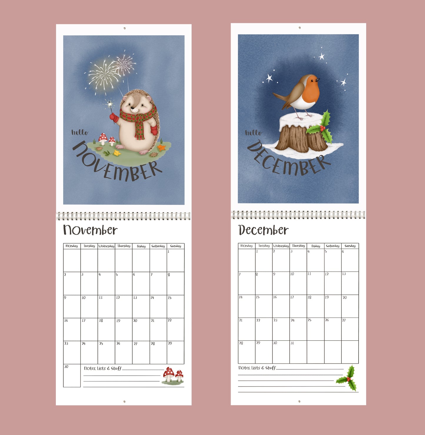 Two 2026 calendar pages for November and December with illustrations of a hedgehog and a robin on a pink background.