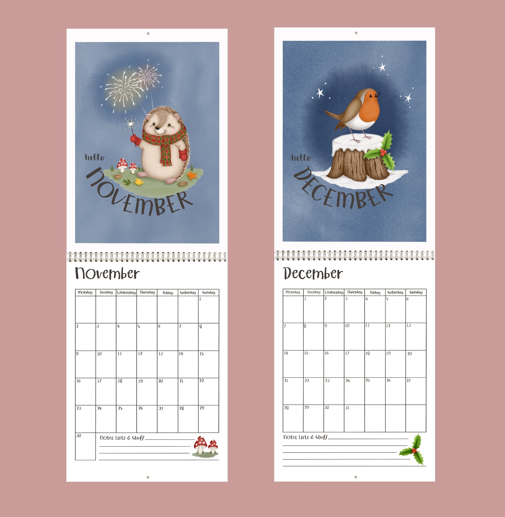 Two 2026 calendar pages for November and December with illustrations of a hedgehog and a robin on a pink background.