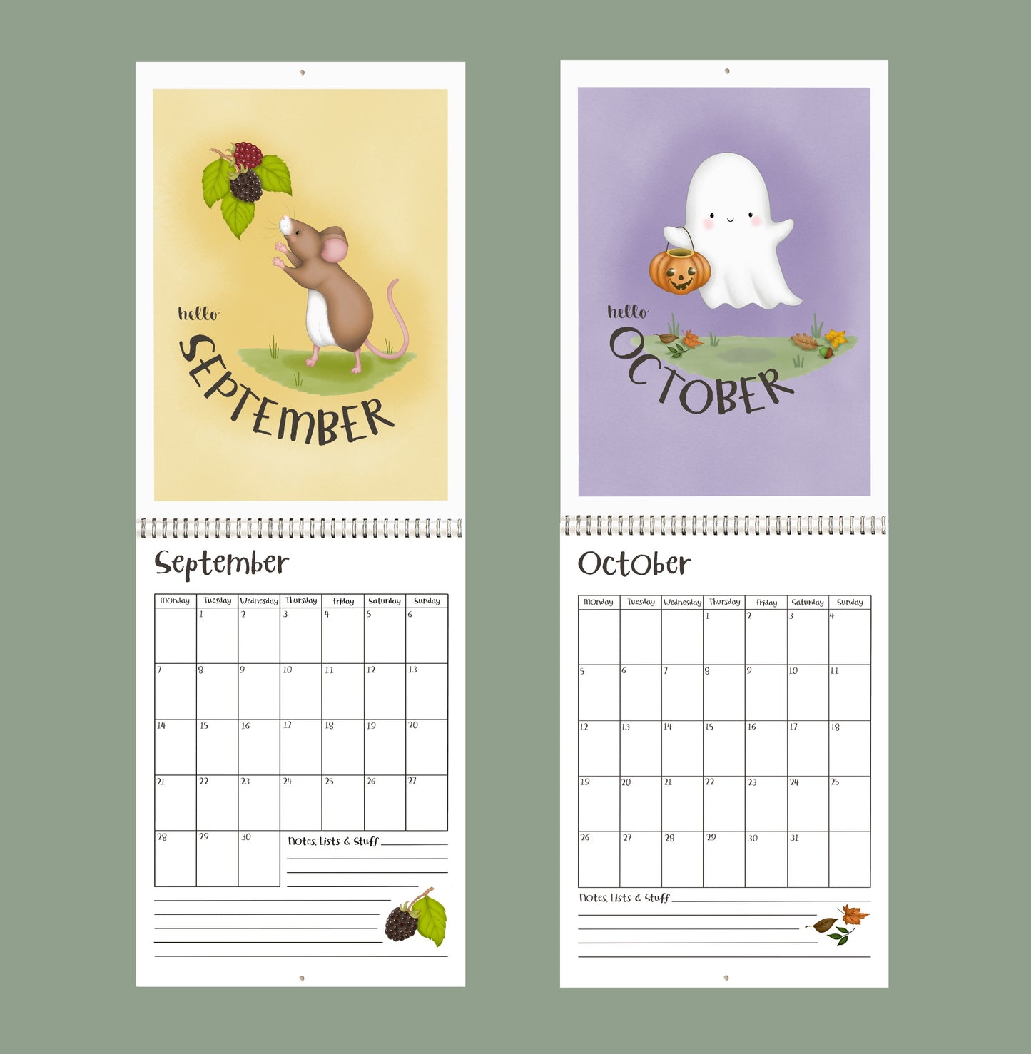 Two 2026 calendar pages for September and October with illustrations of a mouse and ghost, respectively.
