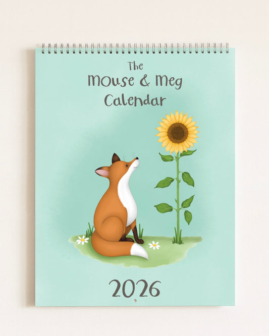 2026 Calendar with a fox and sunflower illustration on a light blue background 