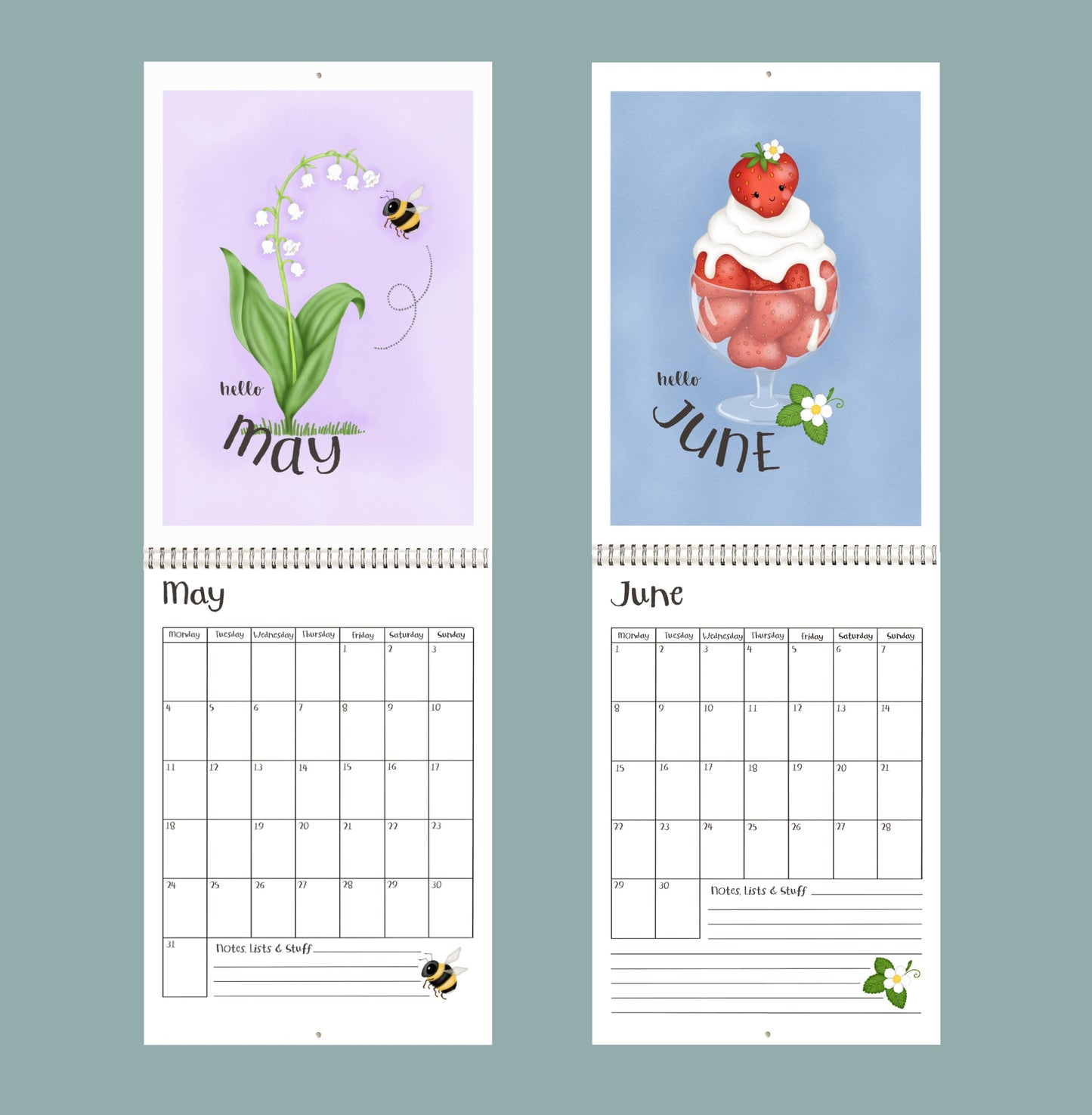 Two 2026 calendar pages for May and June with illustrations and text on a light blue background.