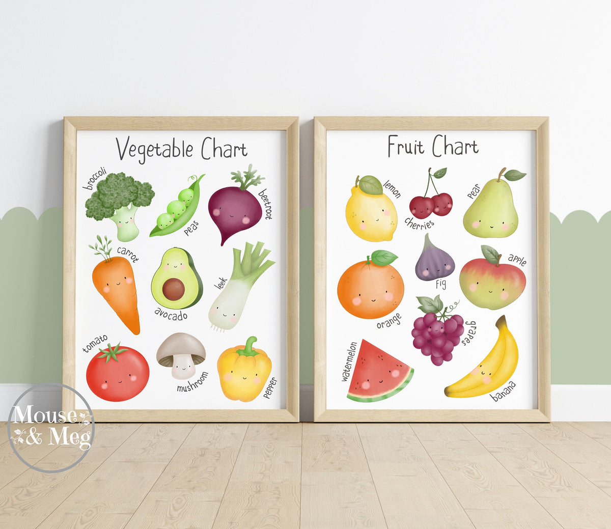 Set of 2 Fruit & Vegetable Chart Prints Mouse & Meg